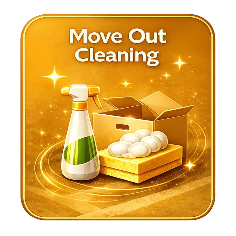 Move out cleaning service card with box and supplies for end of lease cleaning in Edmonton by Your Next Clean