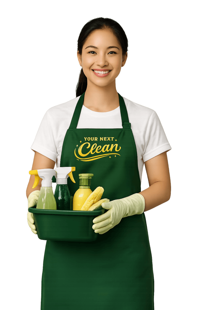 Smiling professional cleaner holding cleaning supplies bucket isolated on transparent background for cleaning service website by Your Next Clean