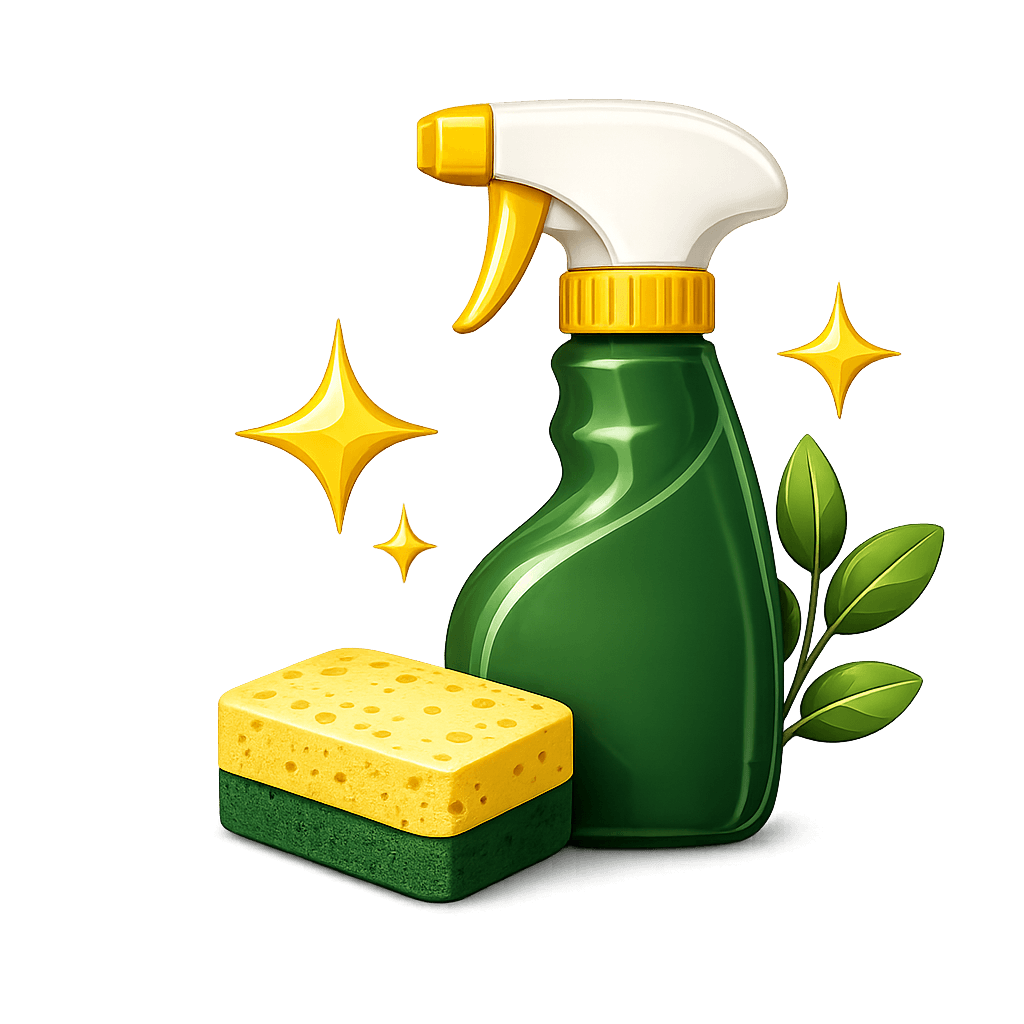 Deep cleaning icon with spray bottle, sponge, and sparkles isolated on transparent background for Your Next Clean cleaning platform