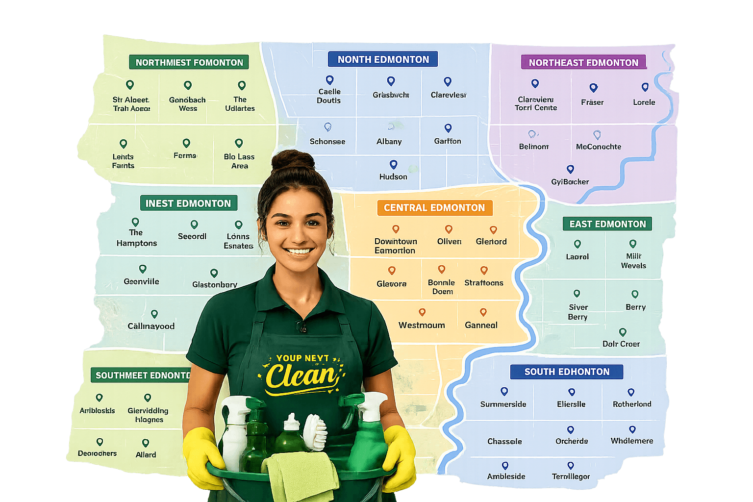 Professional cleaner holding cleaning supplies in front of a transparent Edmonton neighborhood map featuring North, South, East, West, Central, Northeast, Northwest, and Southwest Edmonton service areas for Your Next Clean website design