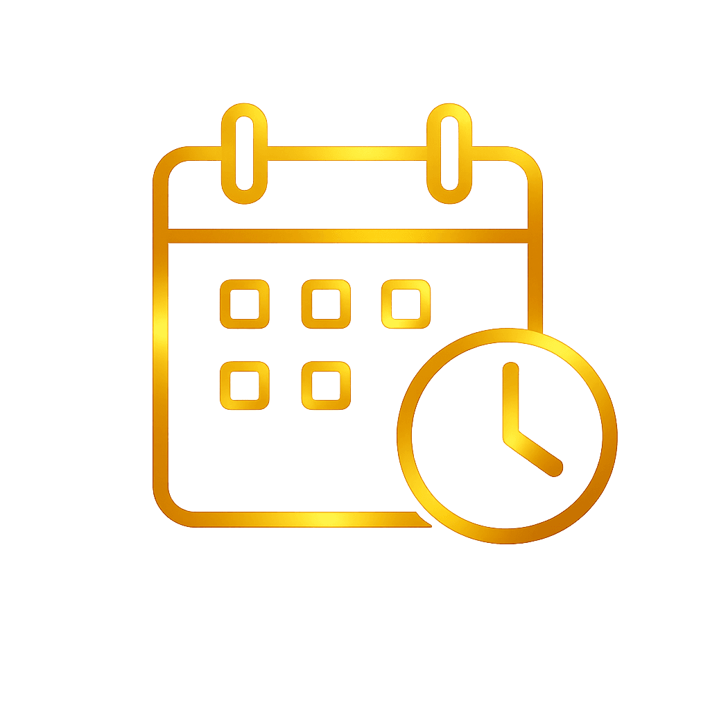 Gold calendar and clock icon for flexible scheduling on the Your Next Clean platform.