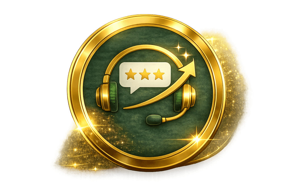 Green and gold customer support icon with headset and chat bubble representing cleaner platform support from Your Next Clean