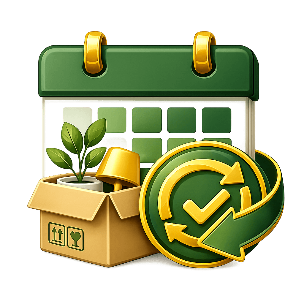 Recurring Cleaning icon with Calendar, box with plant, and checkmark isolated on transparent background for Your Next Clean cleaning platform