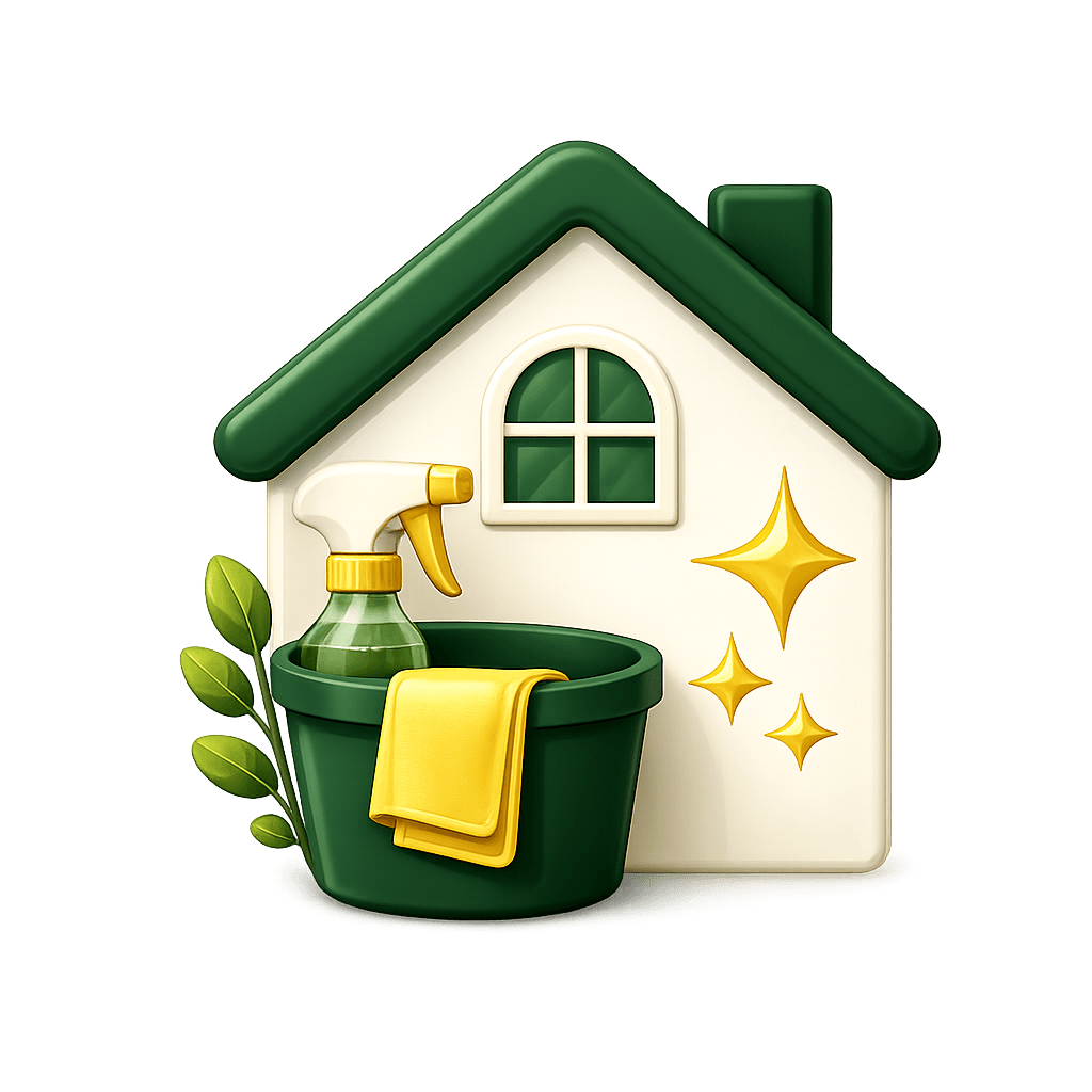 Standard cleaning icon with house, spray bottle, bucket, and cloth isolated on transparent background for Your Next Clean platform