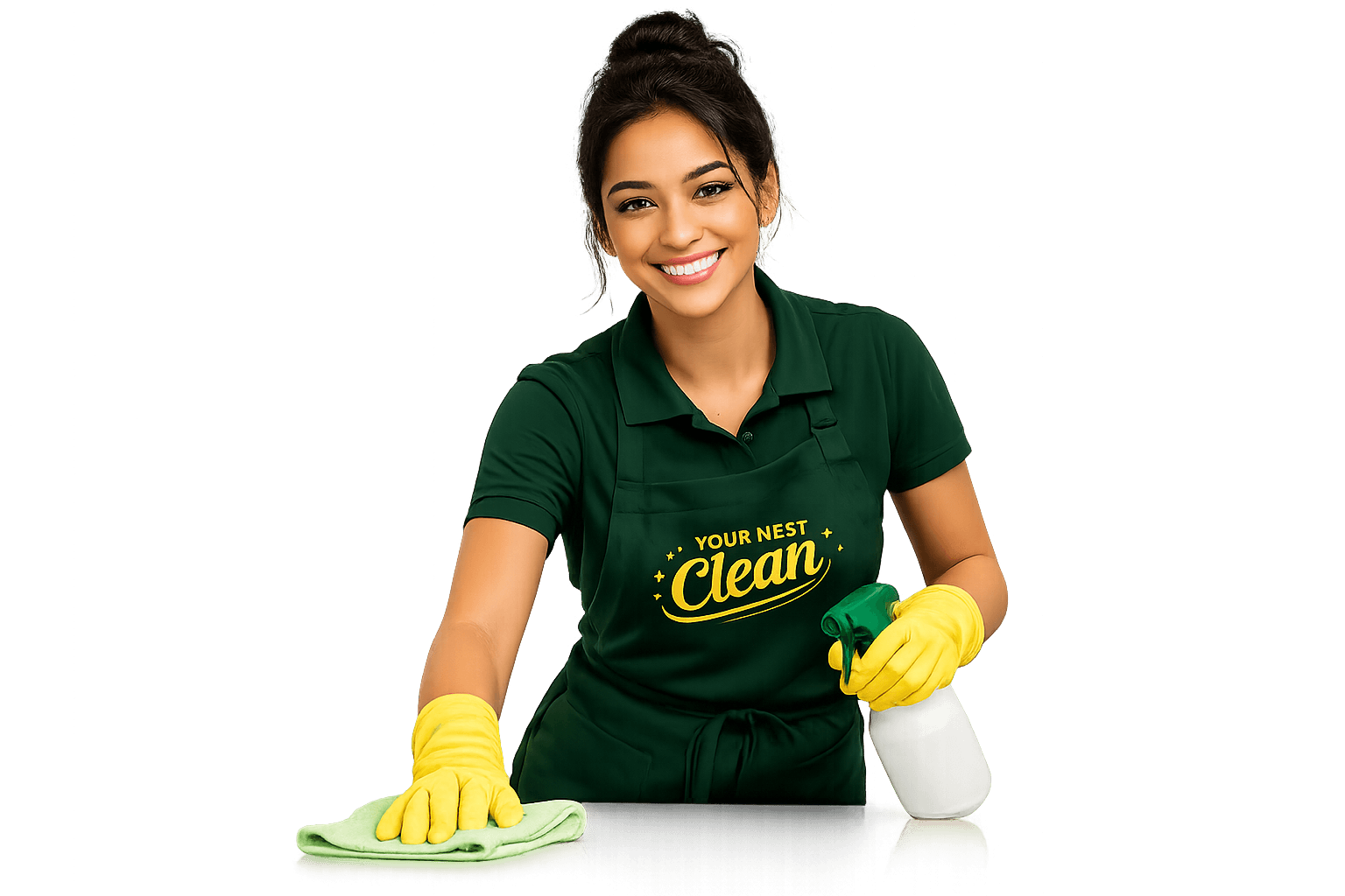 Professional cleaner wiping a counter while holding cleaning supplies in branded green uniform on a transparent background for Your Next Clean website design