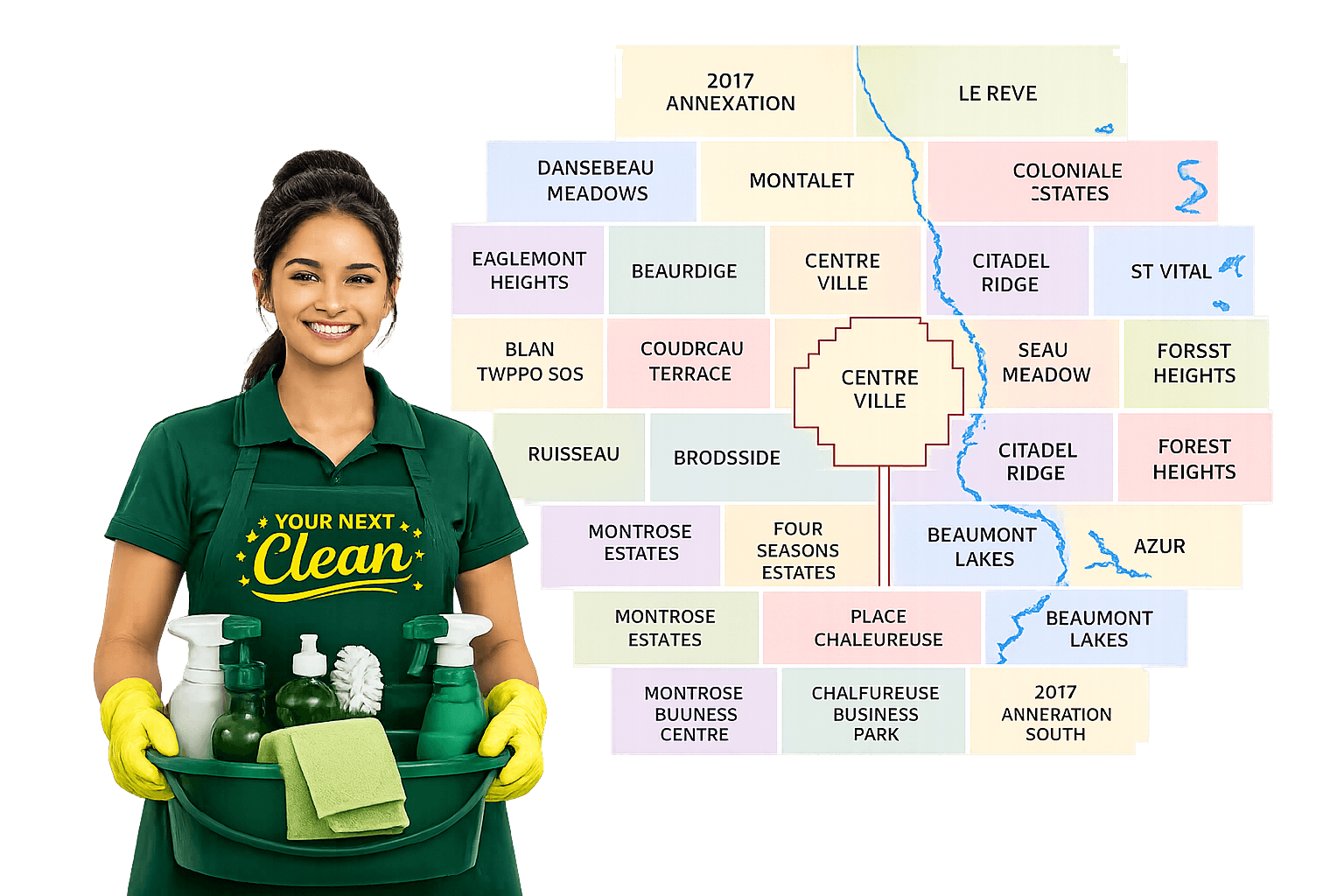 Professional cleaner holding cleaning supplies in front of a pastel-style Beaumont Alberta community map featuring Dansereau Meadows, Coloniale Estates, Centre Ville, Brookside, Beaumont Lakes, Forest Heights, Triomphe Estates, and surrounding Beaumont neighborhoods for Your Next Clean cleaning services.