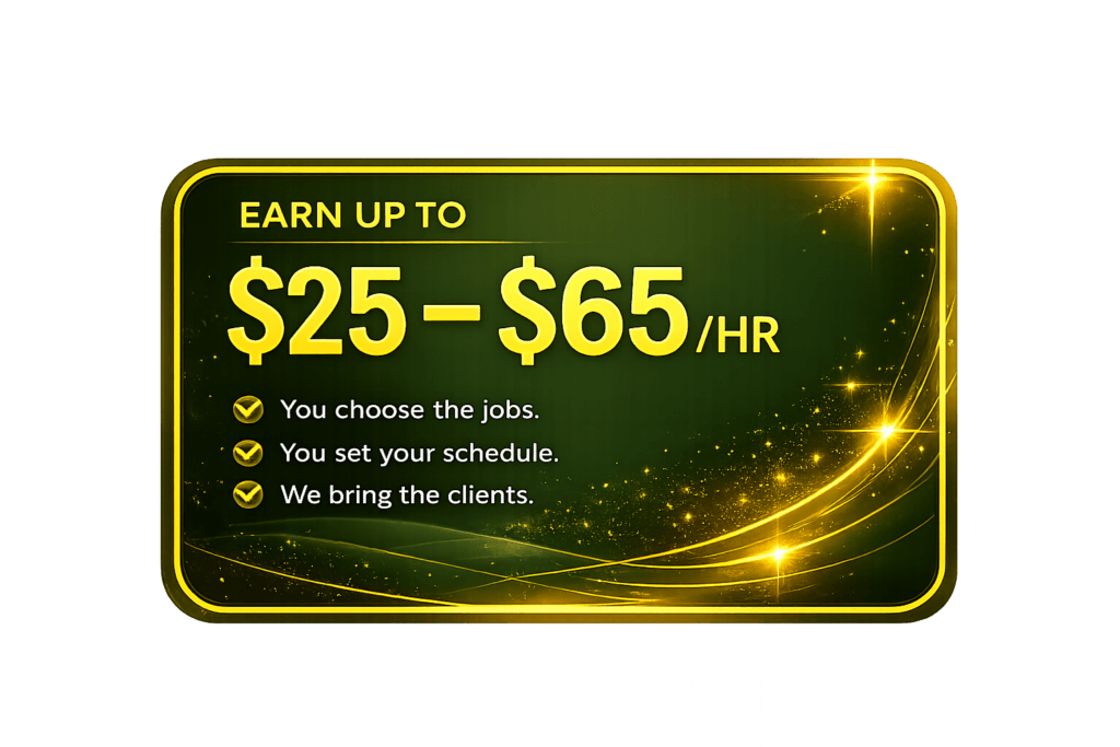 Luxury Your Next Clean hiring graphic showing cleaners can earn $25 to $65 per hour with flexible cleaning jobs and schedule freedom.