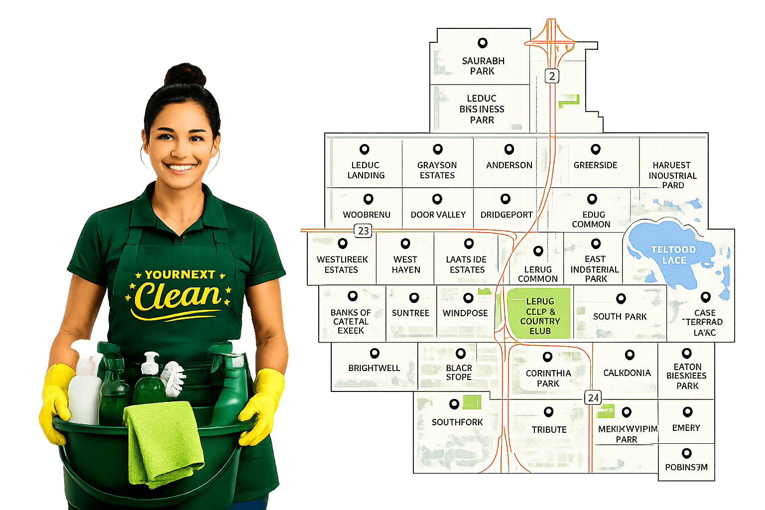 Professional cleaner with properly branded Your Next Clean uniform standing beside a transparent Leduc Alberta community map featuring Southfork, Windrose, West Haven, Bridgeport, Robinson, and surrounding neighborhoods.