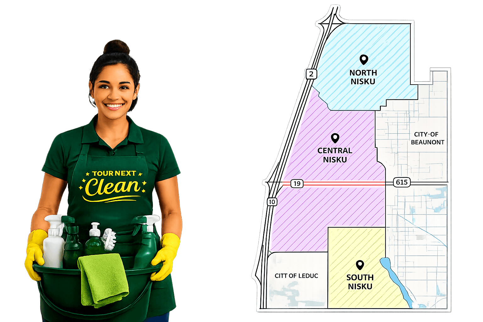 Professional cleaner holding cleaning supplies beside a transparent Nisku Alberta service area map featuring North Nisku, Central Nisku, South Nisku, Highway 2, and surrounding industrial and commercial areas for Your Next Clean cleaning services.