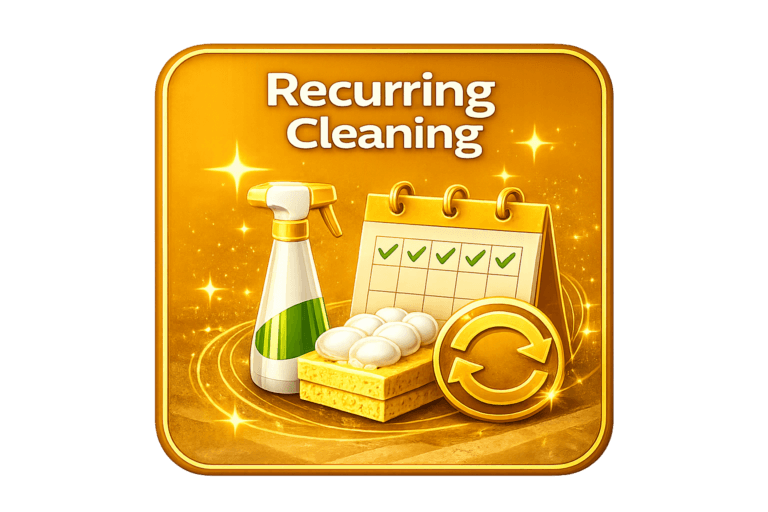 Gold recurring cleaning service badge with calendar, cleaning supplies, and refresh icon for Your Next Clean recurring home cleaning services.