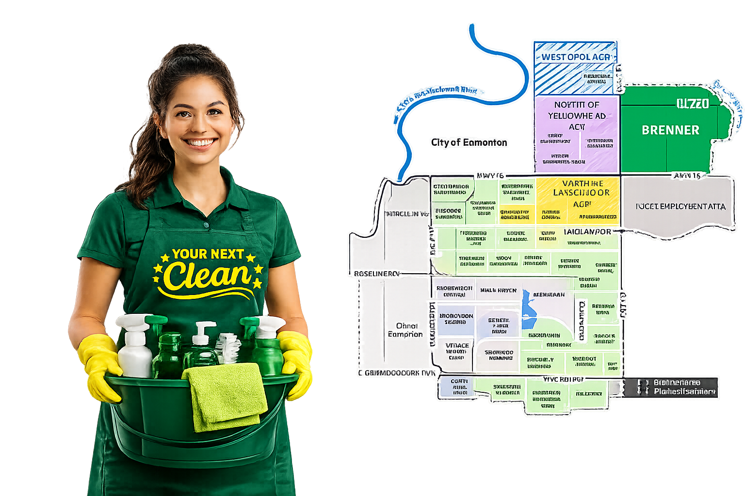 Transparent Sherwood Park community map with professional cleaner and cleaning supplies for Your Next Clean residential cleaning services in Sherwood Park Alberta.