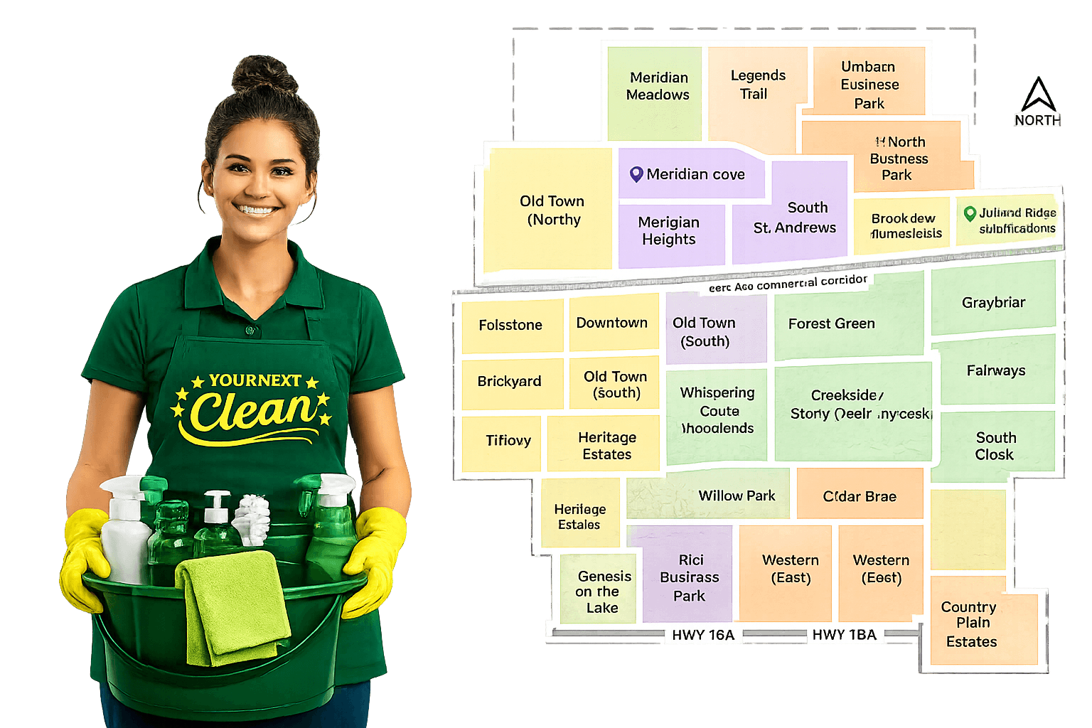 Transparent Spruce Grove community map with neighborhood labels beside a professional cleaner for Your Next Clean residential cleaning services in Spruce Grove Alberta.