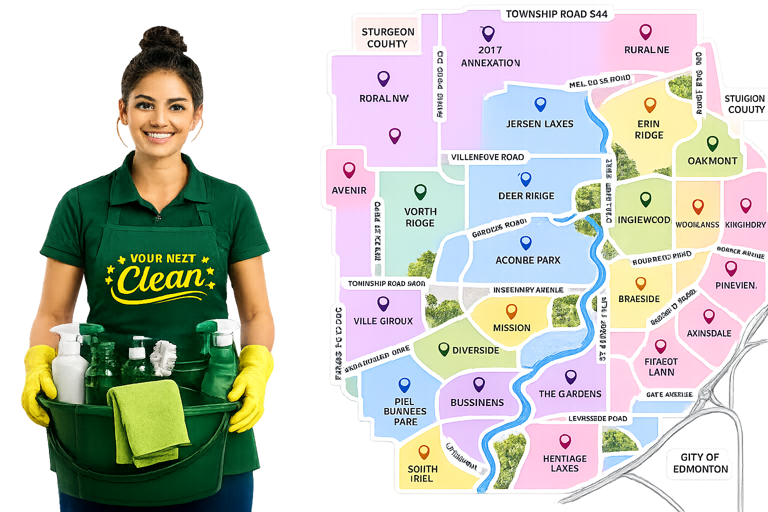 Transparent St Albert community map with neighborhood labels and cleaner for Your Next Clean residential cleaning services in St Albert Alberta
