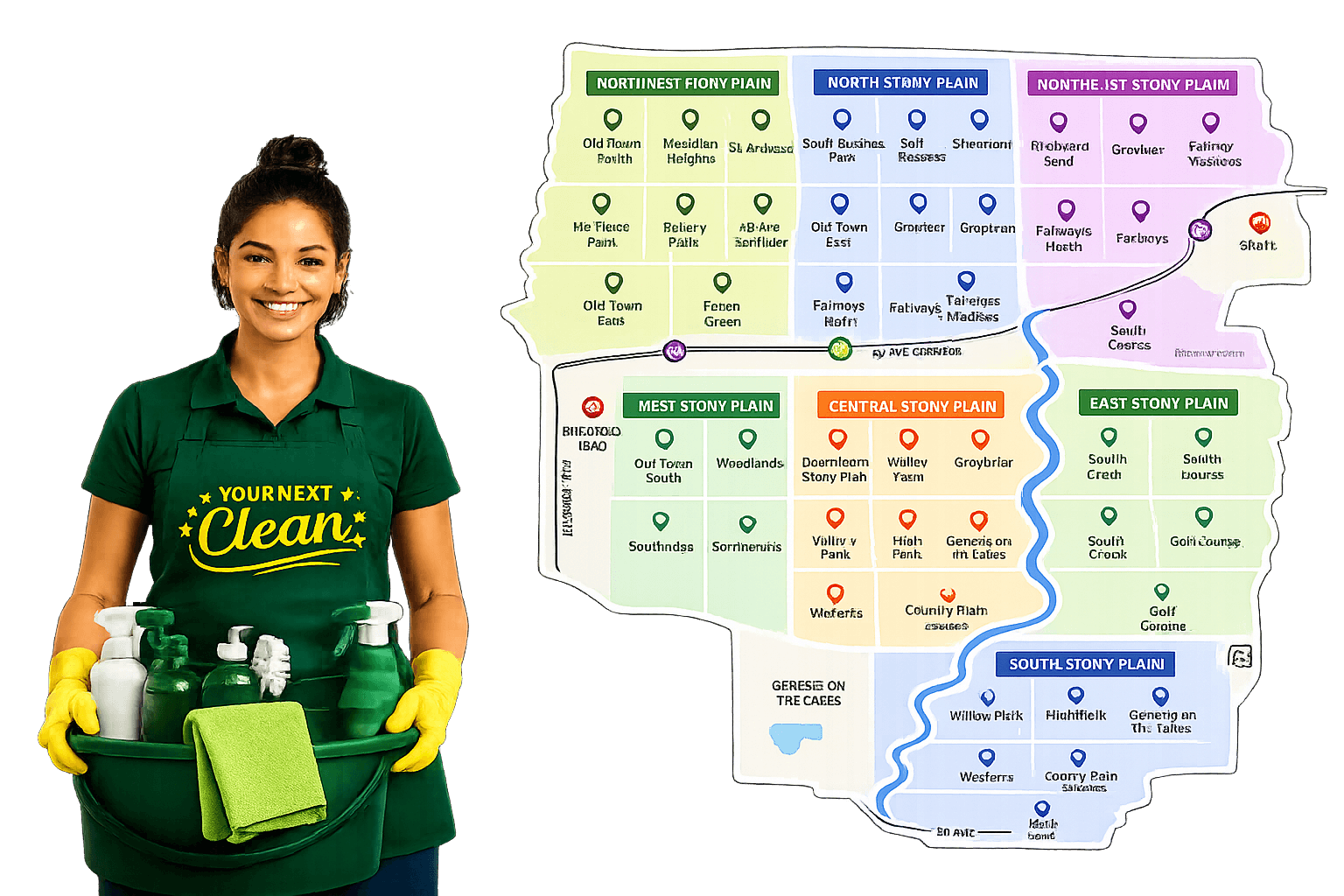 Your Next Clean cleaner beside a Stony Plain community map showing neighborhoods and cleaning service areas in Stony Plain Alberta