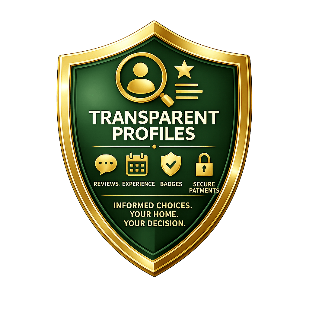 Gold and green transparent cleaner profiles badge representing reviews, profile information, secure payments, and independent cleaning professionals on the Your Next Clean platform.