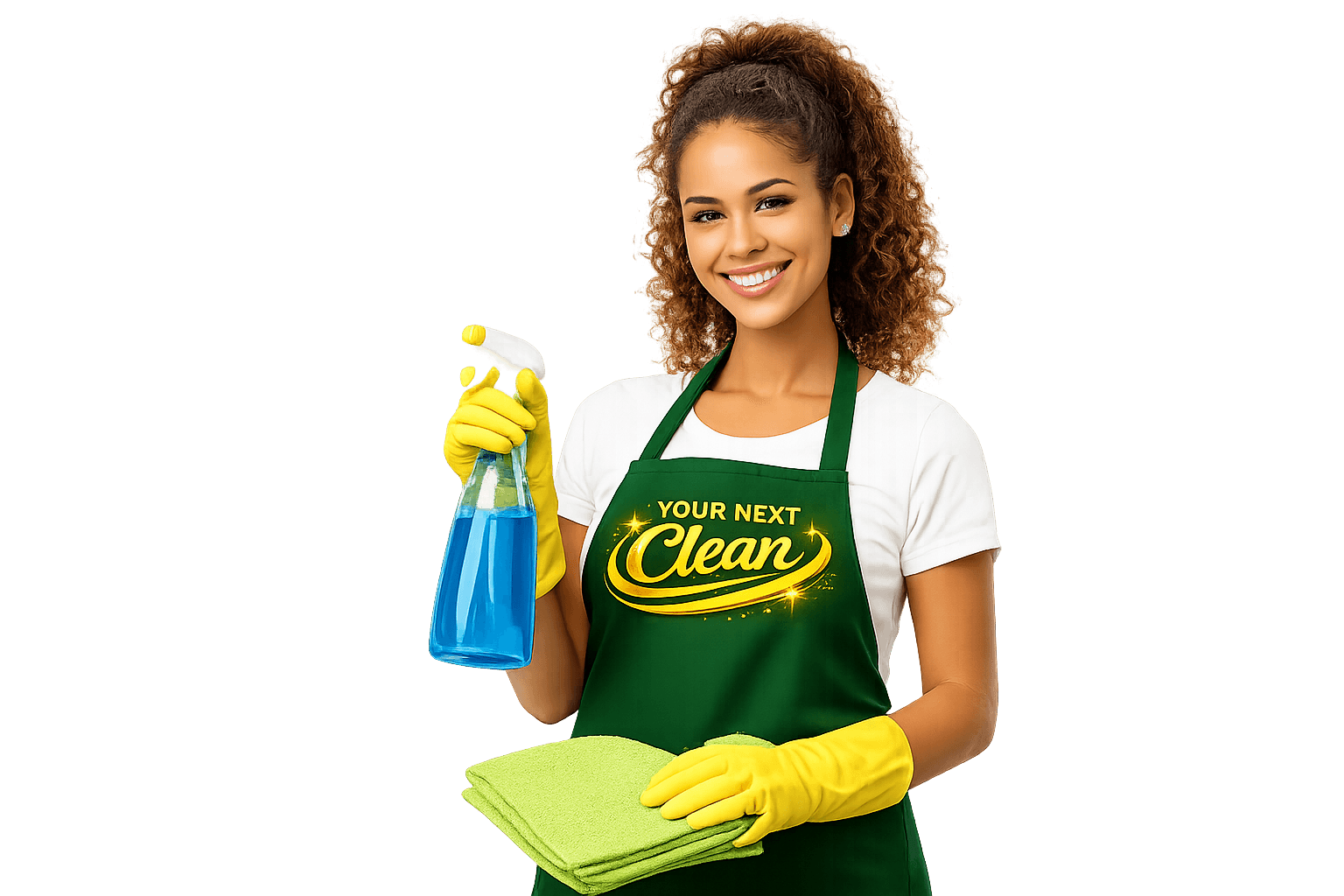 Professional cleaner wearing a Your Next Clean apron holding cleaning supplies, representing trusted home cleaning services.