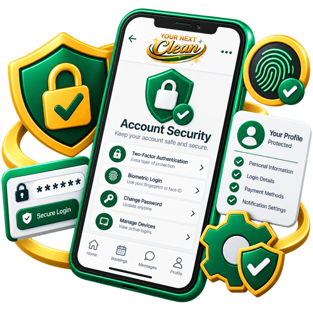 3D icon showing the Your Next Clean account security feature with secure login, two-factor authentication, biometric login, password management, and protected user profile displayed on a smartphone.