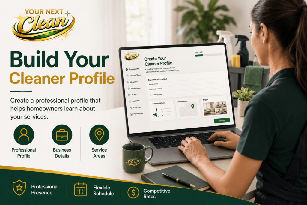 Independent cleaning professional creating a business profile on the Your Next Clean platform with service details, service areas, pricing, availability, and business information.
