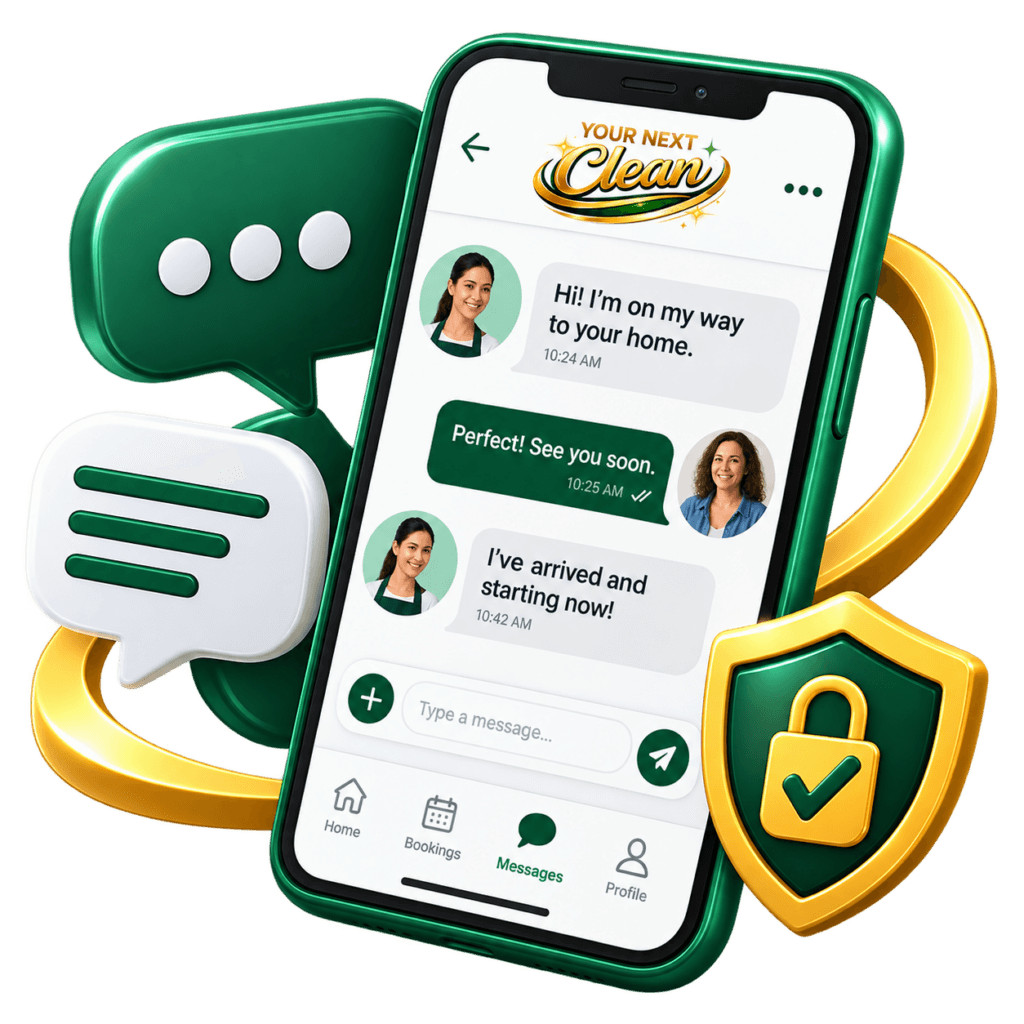 3D icon showing the Your Next Clean in-app messaging feature with secure chat between a homeowner and an independent cleaning professional on a smartphone.