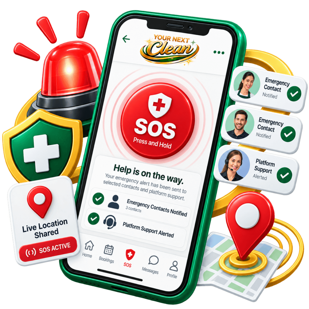 3D icon showing the Your Next Clean SOS functionality with an emergency button, live location sharing, emergency contact notifications, and platform support alerts on a smartphone.