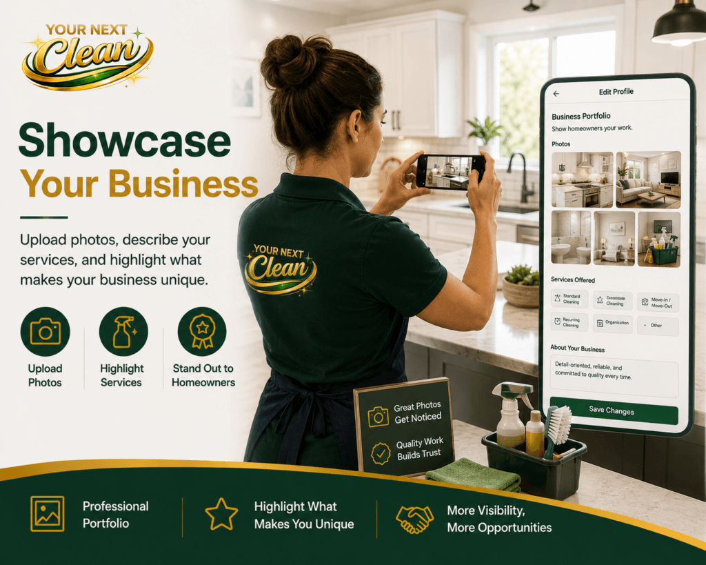 Independent cleaning professional uploading portfolio photos, residential cleaning services, and business information to a Your Next Clean cleaner profile to attract homeowners.